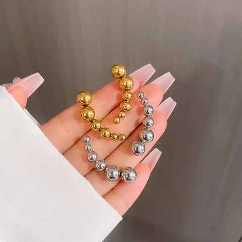 Minimalist Titanium Steel Graduated Beads Curved Ear Climber Crawler Stud Earrings For Women Men Aesthetic Elegant Fashion