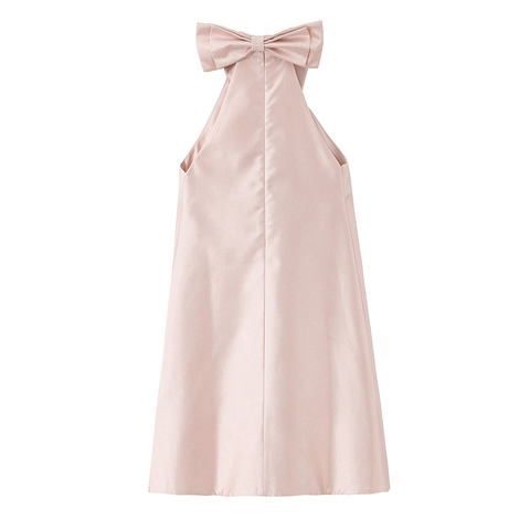 Rosa Neckholder Mini-Kleid Aus Satin Ärmellos Rückenschleife A-Linie Party Sommer Slim Fit Damen