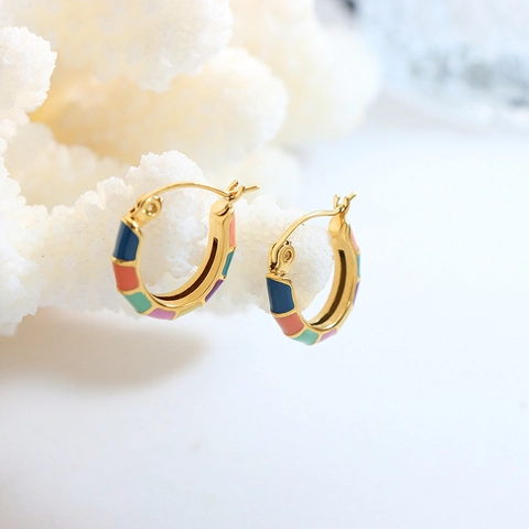 Retro Gold Titanium Steel Hoop Earrings With Colorful Enamel Patchwork Geometric Design For Women