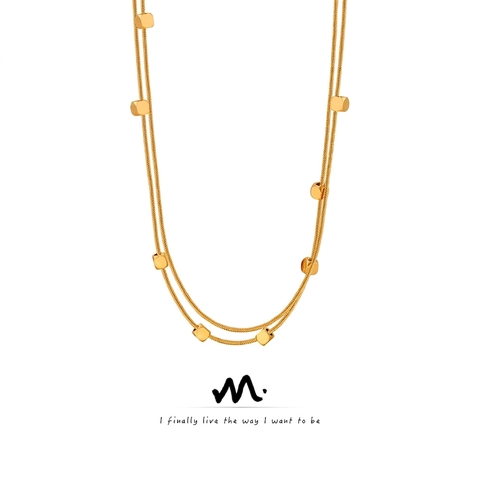 Double Layered Snake Chain Necklace Gold Plated Stainless Steel Geometric Cube Beads Minimalist Fashion Jewelry Women