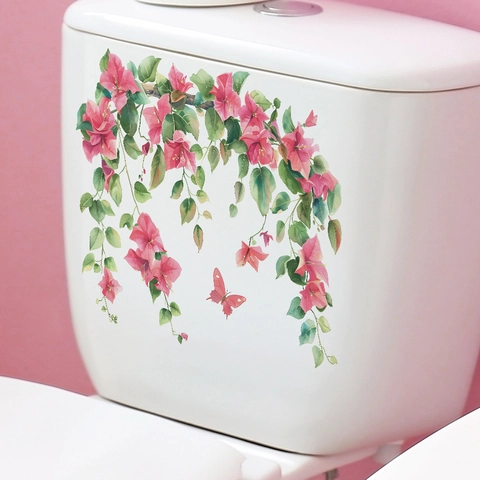 Pegatinas Para Tapa De Inodoro Flores Rosas Mariposa Acuarela PVC Autoadhesivo Extraíble Decoración Pared Baño