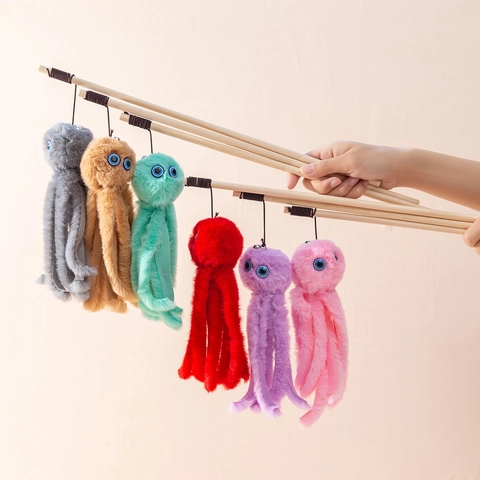 Octopus Cat Teaser Wand With Wooden Pole Plush Interactive Toy For Kittens And Cats Simulation Design With Bell