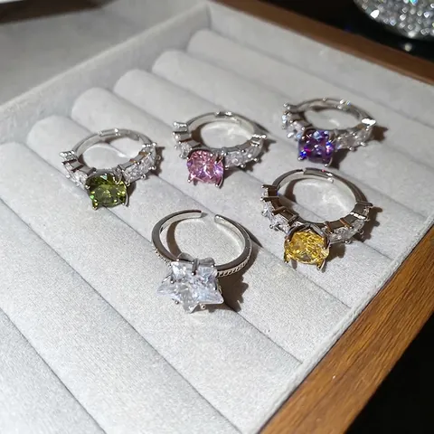 Modieuze Verstelbare Open Ring Koper Kleurrijke Zirkoon Ster Geometrisch Minimalistisch Sieraden Voor Vrouwen