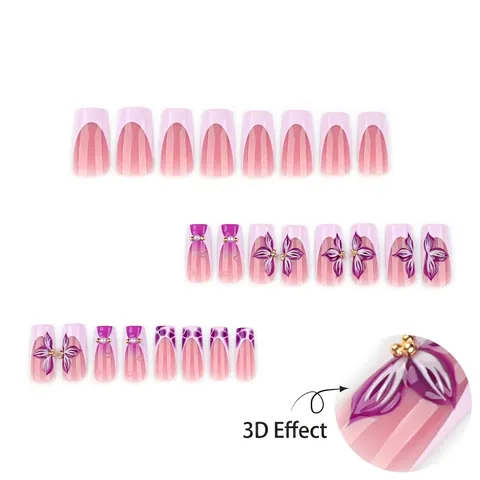 Long Coffin Wearable Fake Nails Pink Purple Gradient French Style With 3D Flowers And Artificial Pearl Decor Elegant Glossy Manicure