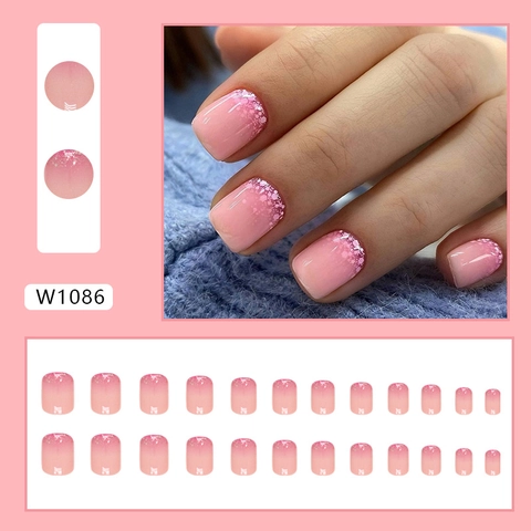 Press On Nails Pink Gradient Shimmer Short Square Artificial Finger Nails Jelly Texture Sweet Style For Women