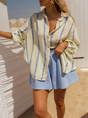 Gestreiftes Langarmhemd Und Shorts Outfit Aus Polyester Elasthan Lockere Atmungsaktive Urlaubs Strandbekleidung Für Damen