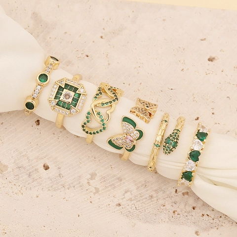 Adjustable Opening Copper Ring Green White Zircon Snake Butterfly Heart Vintage Fashion Jewelry For Women
