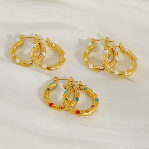 Orecchini A Cerchio Placcati Oro 18K Acciaio Inossidabile Perla Artificial Strass Intarsiato Tondo Geometrico Stile Ins Per Donna