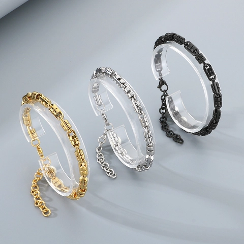Stainless Steel Men Bracelet Hip Hop Geometric Gear Chain Splicing Adjustable Vacuum Plated Jewelry