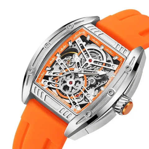 Orologio Meccanico Da Uomo Tonneau Scheletro Cassa In Lega Cinturino In Silicone Luminoso Impermeabile Sportivo