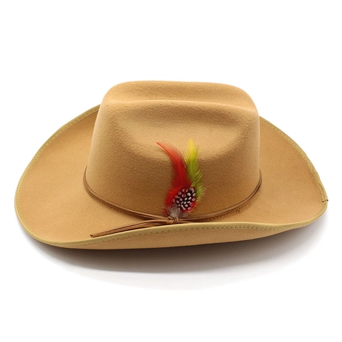 Western Cowboy Hat Wool Felt Wide Brim Vintage Outdoor Fedora With Feather Decor Leather Cord For Men And Women