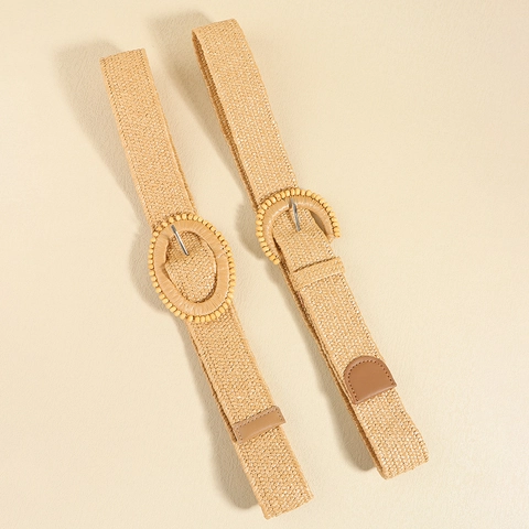 Women Bohemian Braided Wide Belt Elastic Straw Waist Belt With Geometric Buckle Fashion Waistband For Dresses Daily Vacation