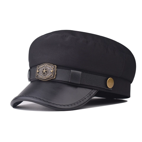 Berretto Militare Vintage Flat Top Cotone Tesa Pelle PU Distintivo Pentagramma Stile Britannico Punk Cappello Outdoor