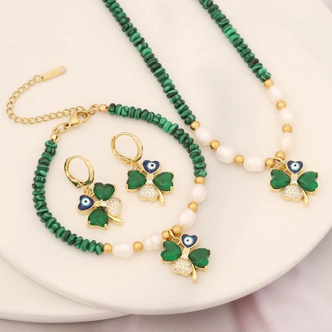 Collier Bracelet Boucles Oreilles Bijoux Cuivre Pierre Naturelle Künstliche Perle Trèfle Quatre Feuilles Mauvais Œil Zircon Élégant Femmes