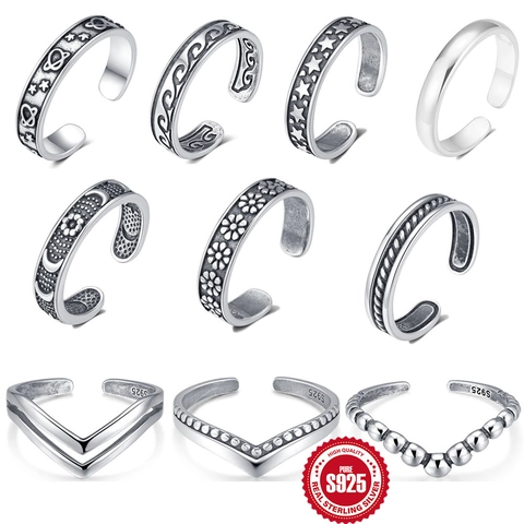 Retro S925 Sterling Silver Open Ring For Women Men Vintage Adjustable Planet Star Pattern Finger Ring Minimalist Commuting Jewelry