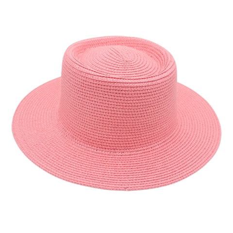 Summer Straw Boater Hat Flat Top Wide Brim Sun Protection Breathable Beach Vacation Fashionable Solid Color Headwear