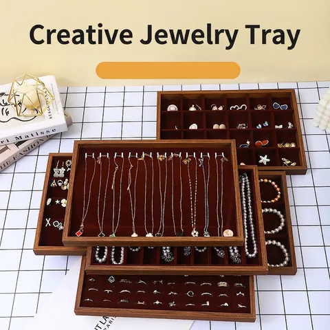 Solid Wood Jewelry Display Tray Walnut Color Soft Velvet Lining Multi Slot Organizer For Ring Necklace Bracelet Countertop