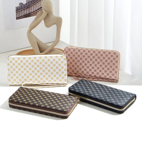 Damen Geldbörse Lang PU Leder Geometrischer Kleeblatt Druck Reißverschluss Clutch Großes Fassungsvermögen Mit Handschlaufe