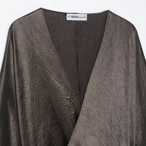 Vestido Largo De Satén Plisado Con Cuello En V Para Mujer Con Cinturón Manga Corta Elegante Color Sólido Fiesta