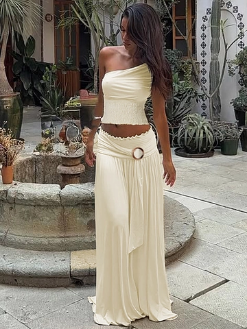 Women One Shoulder Ruched Top And Maxi Skirt Polyester Spandex Slim Fit Summer Vacation Elegant Apricot
