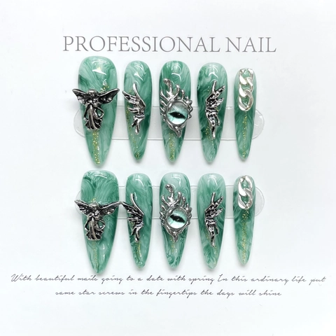Unghie Finte Fatte A Mano Trama Marmo Verde Ornamenti Metallo Argento Angelo Ali Stile Gotico Y2K Lunghe Stiletto