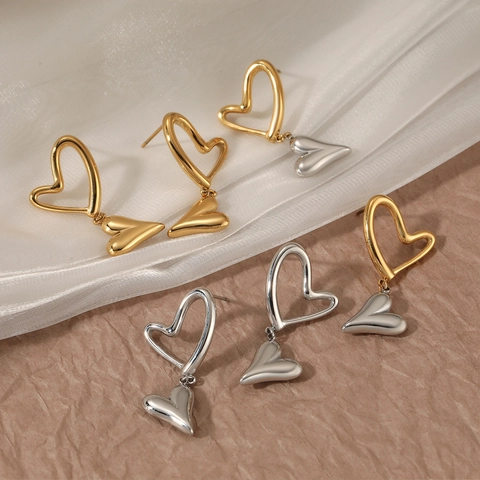 Heart Pendant Earrings Stainless Steel With Stainless Steel Earring Post Double Layer Hollow Solid Heart Design PVD Mirror Polish