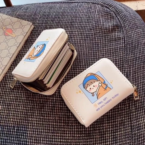 PU Leather Card Holder RFID Blocking Zipper Accordion Wallet For Credit Cards Cute Cartoon Artistic Style Small Purse