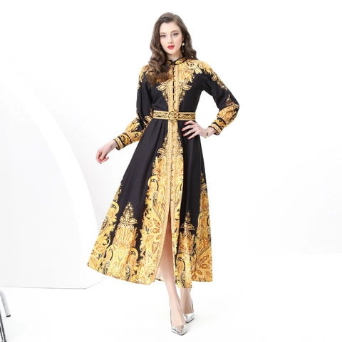 Women Long Sleeve Maxi Dress Baroque Print Vintage Gold Pattern Stand Collar Single Breasted With Belt Polyester