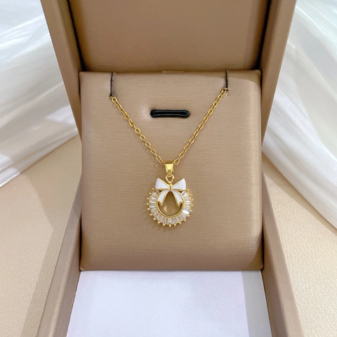 Collar Y Pendientes De Corona Lazo Blanco Circonita Acero Titanio Cobre Chapado Oro Poste Plata Mujer