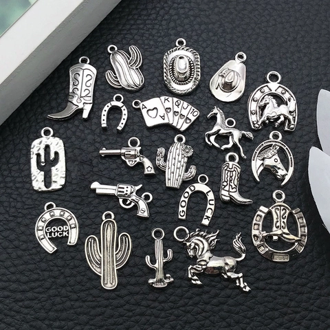 Breloques Cowboy De L'Ouest En Alliage De Zinc Argent Antique Fer À Cheval Chapeau Botte Cactus Pour Bijoux DIY
