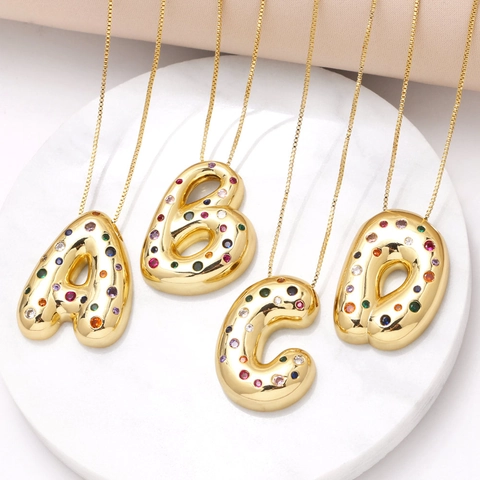 Puffy Bubble Initial Letter Pendant Necklace Copper Gold Plated With Multi Color Zircon Adjustable Box Chain Jewelry For Women