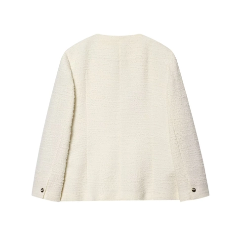 Elegante Tweed Jas Voor Dames Ronde Hals Single Breasted Getextureerde Lange Mouwen Mantel Kantoor Vintage