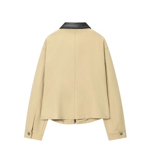Giacca Da Donna In Tela Khaki Con Rifiniture In Ecopelle Colletto A Revers Cerniera Manica Lunga Stile Retrò