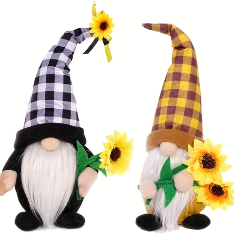 Plush Sunflower Gnome Faceless Doll Ornament With Plaid Hat And White Beard Home Decoration Spring Autumn Theme