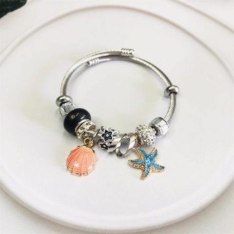 Pulsera de Cuentas de Acero Inoxidable Serie Oceano para Mujer Colgante de Estrella de Mar Concha Brazalete Ajustable Joyería Strass