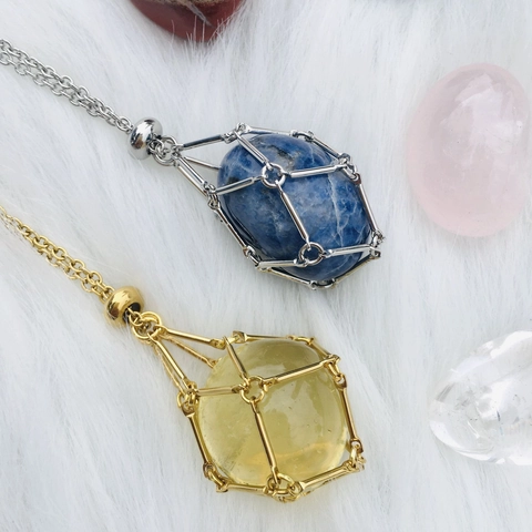 Collier En Pierre De Cristal Naturel Pendentif Cage En Métal Chaîne Bambou Réglable Bijoux Artisanaux