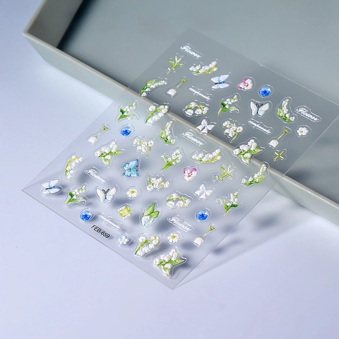 Autocollants Ongles Relief 5D Muguet Fleurs Papillons Manucure Gaufrée Auto Adhésifs Imperméables Décoration DIY