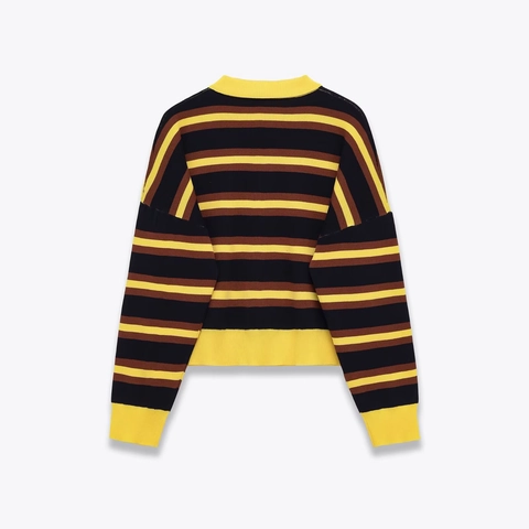 Maglione Polo In Maglia A Righe Maniche Lunghe Con Bottoni Casual Retro Pullover Da Donna In Poliestere