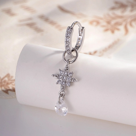Achtpuntige Ster Ringoorbellen Met Druppel Zirkoon Hanger Koper Micro Pave Elegante Sieraden Voor Dames Meisjes