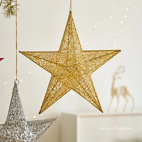 Glitter Christmas Star Hanging Ornaments Metal Wire Hollow Out Tree Decoration For Festive Party Home Window Sparkly