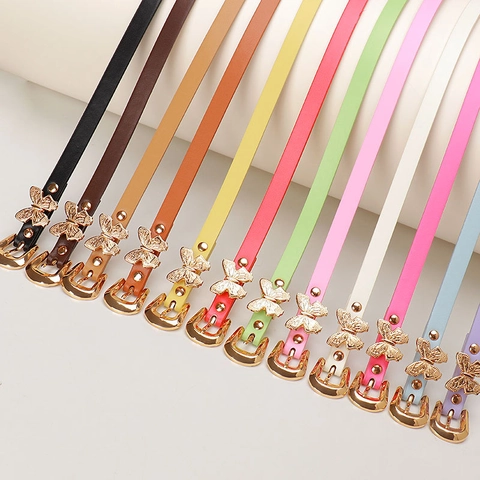 Women Sweet Butterfly Buckle Thin Belt Faux Leather Adjustable PU Skinny Waist Belt For Dresses Jeans Dopamine Colors