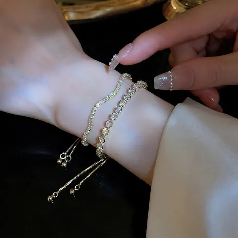 Copper Wave Adjustable Slider Bracelet Round Zircon Geometric Elegant Hand Jewelry For Women Light Luxury