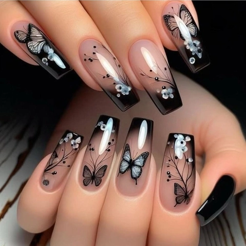 Black Gradient Butterfly Press On Nails Long Coffin ABS Material Floral Sweet Cool Artificial False Nails For Women