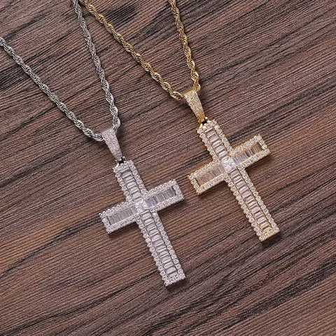 Hip Hop Kreuz Anhänger Halskette Gold Vergoldetes Kupfer Mit Zirkon Edelstahl Seilkette Iced Out Schmuck