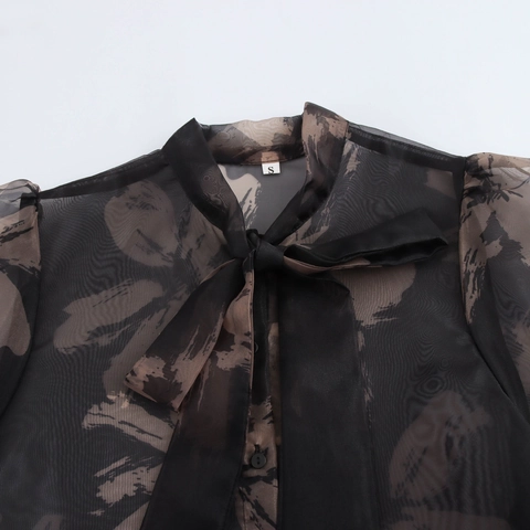 Chemisier Élégant En Maille Transparente À Imprimé Floral Avec Col À Nœud Manches Bouffantes Pour Femmes