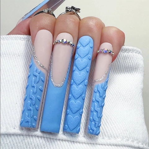 Unghie Finte Lunghe Coffin Press On Design Cuore 3D Con Strass Glitter Argento Blu Nude Per Donna
