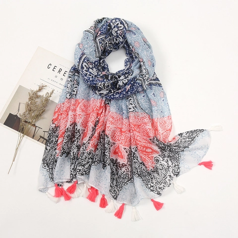 Retro Ethnic Floral Geometric Print Shawl Scarf Women Bohemian Tassels Lightweight Sun Protection Beach Wrap Viscose Polyester