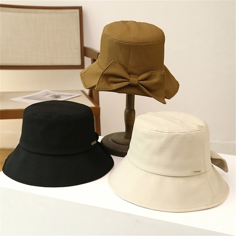 Women Fashion Bucket Hat Wide Brim Large Bow Decor Textured Polyester Travel Sunshade Elegant Autumn Sun Hat