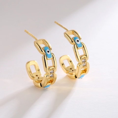 Evil Eye Creolen Vergoldetes Kupfer Mit Zirkon Und Emaille Kettenglied Design Modeschmuck Für Damen Elegant