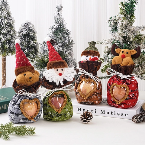 Christmas Gift Bag Drawstring Burlap Cartoon Santa Snowman Reindeer Heart Transparent Window Candy Apple Packaging Decor